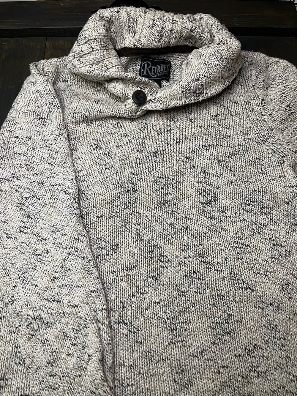 Retrofit Speckled Shawl Collar Sweater in Oatmeal and Black Fleck